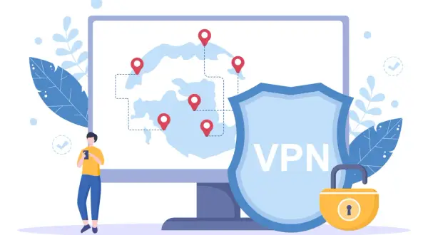 Zdalny dostęp do sieci domowej z VPN. Mapa z pinezkami, tarcza z napisem VPN i kłódka symbolizują bezpieczeństwo.