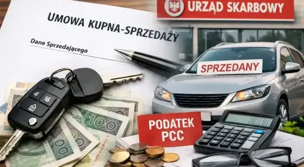Umowa kupna-sprzedaży auta, kluczyki, pieniądze i tabliczka "Podatek PCC" przed Urzędem Skarbowym. To symbolizuje podatek od wzbogacenia auto.