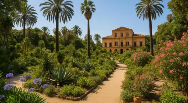 Aleja w **ogrodzie botanicznym Palermo** prowadzi do zabytkowego budynku, otoczonego bujną zielenią, palmami i kwitnącymi krzewami.
