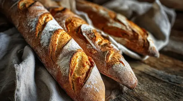 Tre nybakade baguetter på en linneduk. Perfekt för ett enkelt baguette recept.