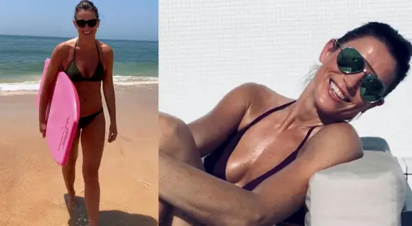 Tomasz Lis partnerka na plaży z deską surfingową i przy basenie w okularach przeciwsłonecznych.