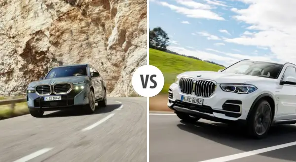 Szary BMW XM na skalistej drodze kontra biały BMW X5 na zielonym wzgórzu.