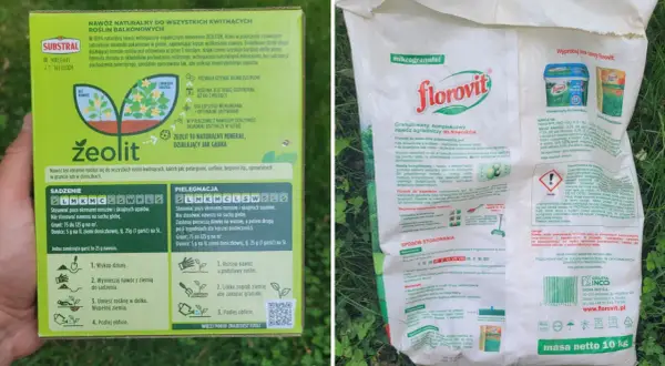 Opakowanie nawozu Florovit z zeolitem, który działa jak gąbka, zatrzymując składniki odżywcze w glebie. Idealny do roślin kwitnących i trawników.