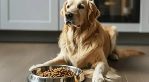 Piękny golden retriever leży obok miski pełnej karmy, czekając cierpliwie na posiłek.
