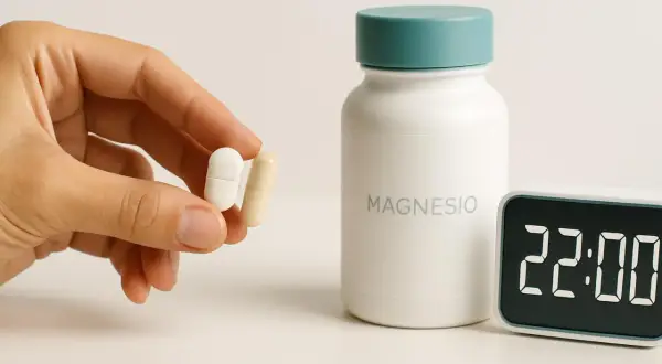 Una mano tiene due capsule, accanto a un flacone di magnesio e un orologio digitale che segna le 22:00. È ora di pensare a quanto magnesio al giorno.