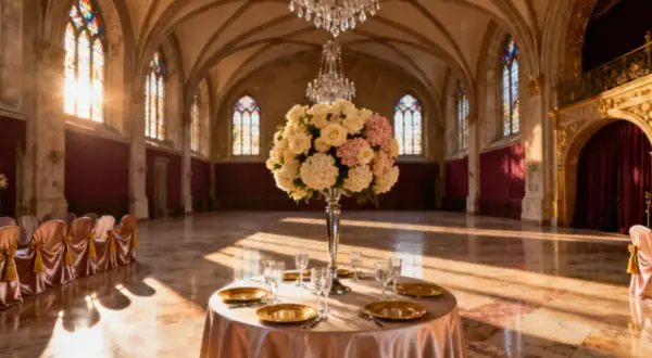 Elegancka sala balowa przygotowana na wesele na 50 osób. Stół z kwiatami i zastawą, rzędy krzeseł w satynowych pokrowcach.
