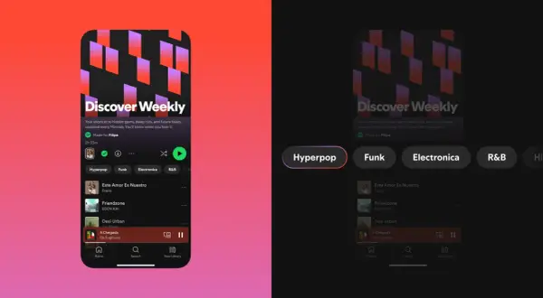 Spotify's Discover Weekly playlist, showcasing new music genres like Hyperpop, Funk, and Electronica.
