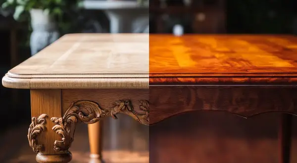 Comparaison avant/après d'un meuble en merisier poncé, révélant sa beauté naturelle sous un vernis profond et chaleureux.