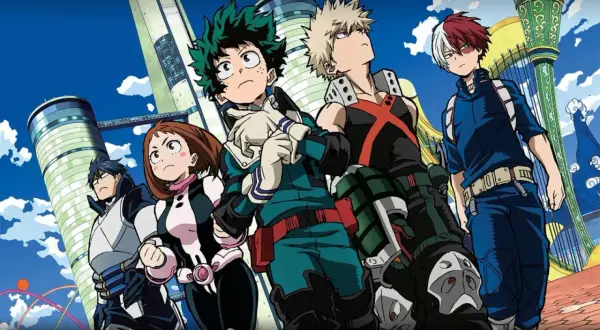 Helden aus My Hero Academia Staffel 8 stehen vor futuristischen Gebäuden. Deku, Bakugo und Todoroki sind prominent vertreten.