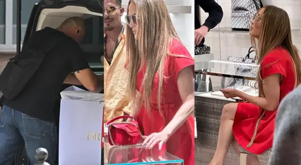 Gwiazdy kupują luksusowe przedmioty za pierwszą wypłatę. Jennifer Lopez w czerwonej sukience w butiku Dior.