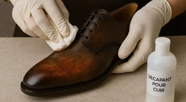 Mains gantées appliquant un produit pour nourrir chaussure cuir naturellement. Un flacon de décapant pour cuir est à côté.