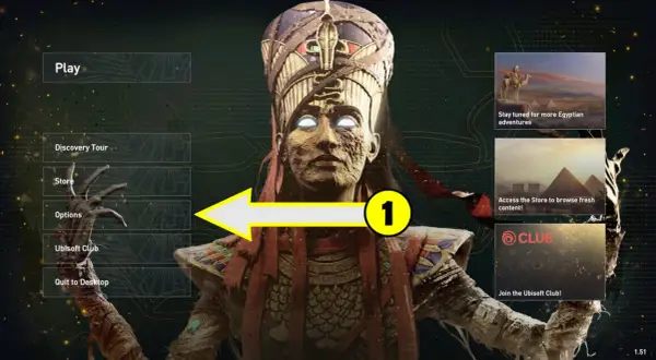 Menu główne gry z opcją "Play", nawiązujące do klimatu Assassin's Creed 1 spolszczenie. Widoczna postać w staroegipskim stroju.