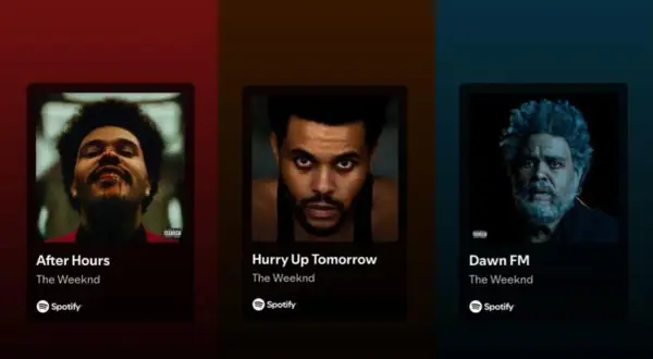 Okładki albumów The Weeknd: "After Hours", "Hurry Up Tomorrow" i "Dawn FM" na Spotify.