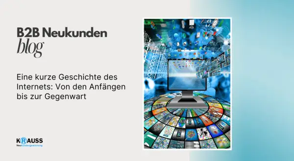 Eine visuelle Reise durch die Geschichte des Internets, von seinen Anfängen bis heute, mit vielen Bildschirmen und Daten.