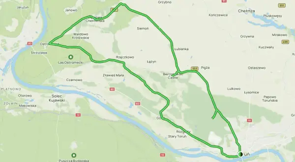 Mapa z zaznaczonymi trasami rowerowymi wokół Torunia, prowadzącymi przez malownicze tereny i w pobliżu zamku.