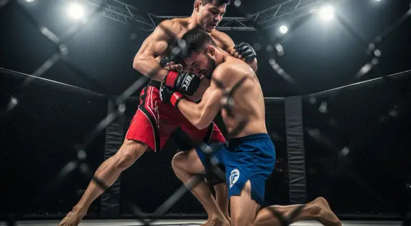 Two MMA fighters grapple in a cage. This intense scene shows the dedication required for how to train for a fight.