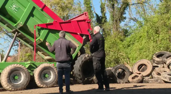 Deux hommes supervisent le déchargement d'une remorque verte remplie de pneus usagés, une étape clé du recyclage des pneus.