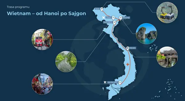 Trasa wycieczki do Wietnamu: od Sapy po Sajgon, przez Hanoi, Ha Long, Ninh Binh, Hoi An. Widok na kolejki linowe, zatokę Ha Long, rzekę z łodziami, ulicę z pociągiem i tętniące życiem miasto.