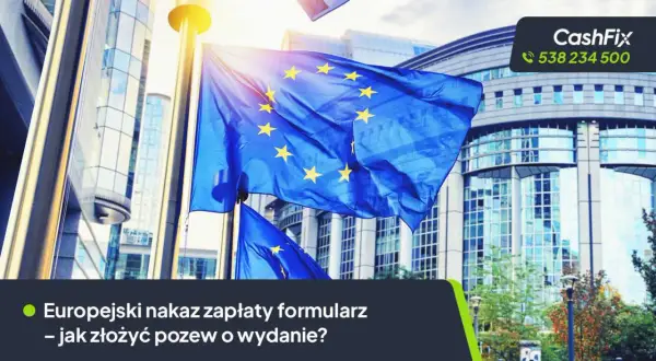 Flaga UE przed budynkiem Parlamentu Europejskiego. Informacja o europejski nakaz zapłaty.