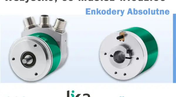 Dwa enkodery absolutne, jeden z trzema złączami, drugi z wałem. Porównanie enkoderów absolutnych a inkrementalnych.