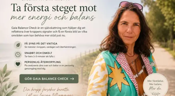 Få mer energi och balans med friskvårdsbidrag tips. En kvinna ler mot kameran, med text om kroppens signaler och självskattning.