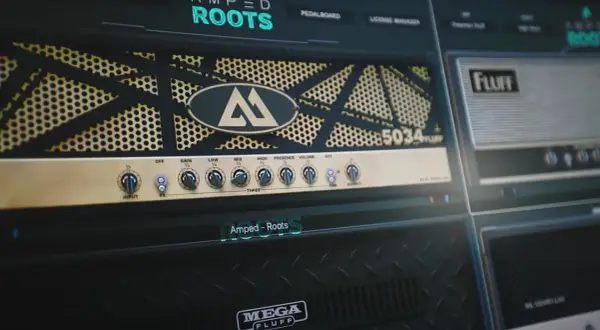 Close-up of a digital guitar amp interface, featuring the "Amped Roots" software. Controls for gain, EQ, and volume are visible.
