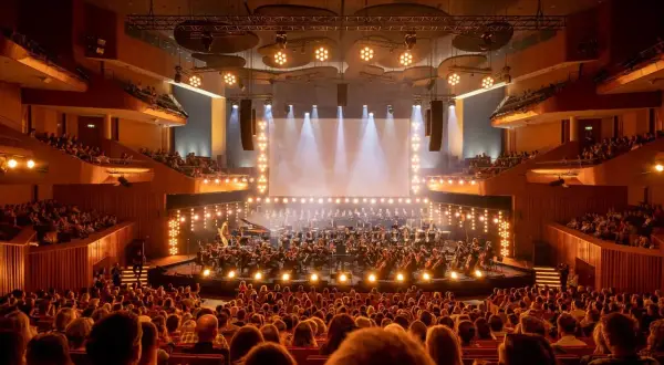 Orkiestra symfoniczna gra na scenie podczas krakowskiego festiwalu muzycznego. Widownia wypełnia salę koncertową, a światła tworzą magiczną atmosferę.