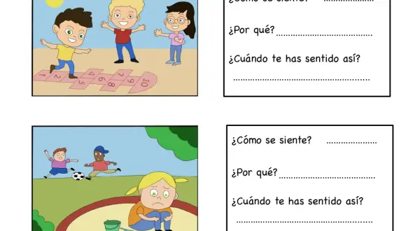 Actividad para trabajar la empatía: niños jugando y uno triste. Preguntas para reflexionar sobre sentimientos.