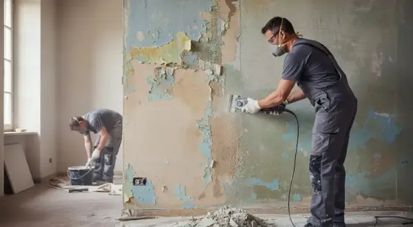 Operai al lavoro per rimuovere vecchi strati di pittura e preparare il muro per un nuovo intonaco rasato.