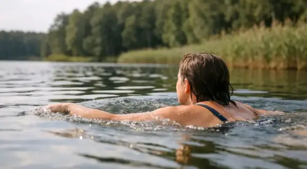 Kobieta pływa w jeziorze, ciesząc się letnim dniem. Woda jest spokojna, a na horyzoncie widać las.