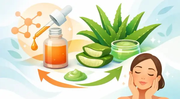 Aloe Vera Öl für das Gesicht: Frische Aloe Vera, ein Tropfen Öl und eine Frau genießen reine Hautpflege.