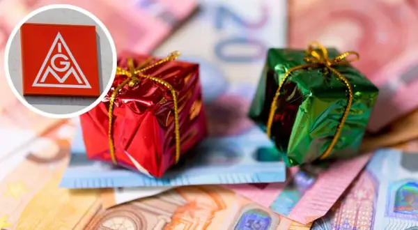 IG Metall Logo neben Geschenken auf Euro-Scheinen. Das ist das Zeichen für das Weihnachtsgeld der Metaller.