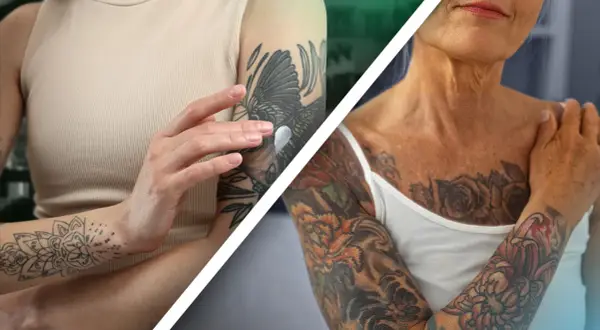 Brazos con tatuajes, uno con diseño chicano de ave y otro con flores vibrantes.