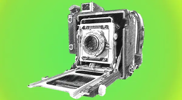 Sketch of a vintage Graflex Speed Graphic camera, ready to capture history.