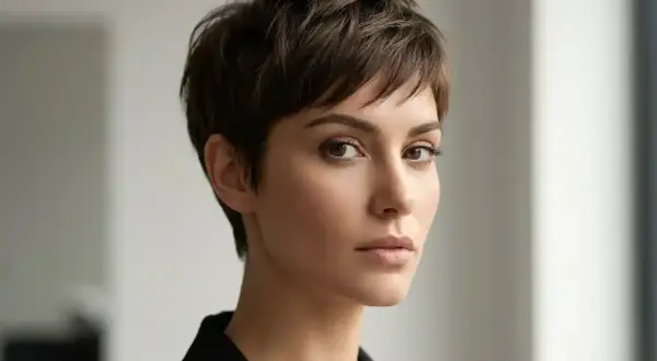Kobieta z brązowymi włosami w fryzurze pixie cut, która podkreśla jej rysy. Idealna dla odważnych i pewnych siebie.