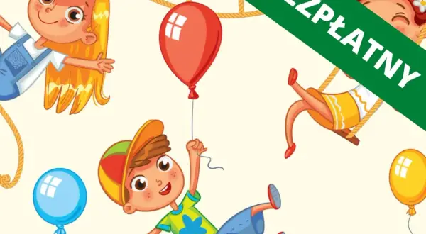 Wesołe dzieci z balonami i linami, idealne do pobrania jako darmowe karty pracy na dzień dziecka.