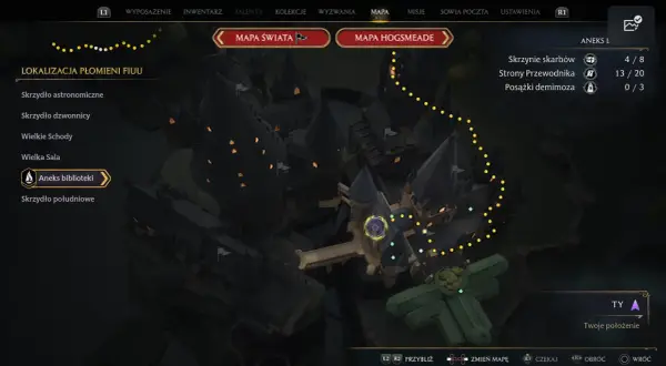 Mapa Hogwartu w grze Hogwarts Legacy, gdzie szukasz Kluczy Dedala. Widoczne są lokacje Płomieni Fiuu i Aneks biblioteki.