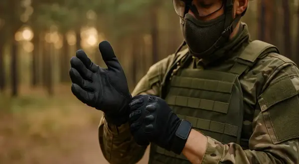 Jugador de airsoft HPA se pone guantes tácticos, listo para la acción en el bosque.