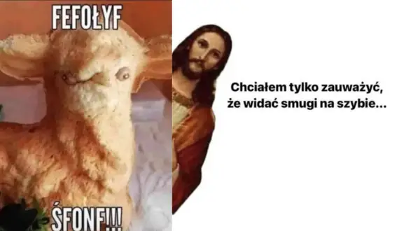 Wesoło memy wielkanoc: Jezus wychyla się zza obrazka, by zauważyć, że widać smugi na szybie, a obok baranek z chleba z napisem "ŚFONF!!!".