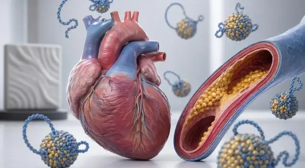Serce i przekrój tętnicy z cholesterolem. Wokół unoszą się cząsteczki lipoproteiny Lp(a), które mogą przyczyniać się do chorób serca.
