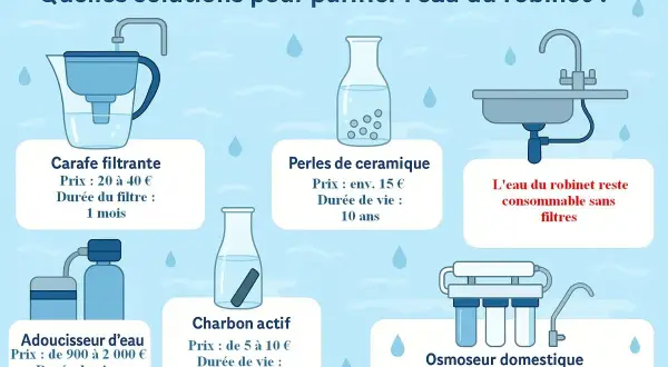 Diverses solutions pour purifier l'eau du robinet, malgré son caractère consommable. Carafe filtrante, perles de céramique, charbon actif, adoucisseur, osmoseur.