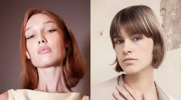 Due modelle con caschetto al mento: una con capelli rossi e trucco audace, l'altra con capelli castani e look naturale.