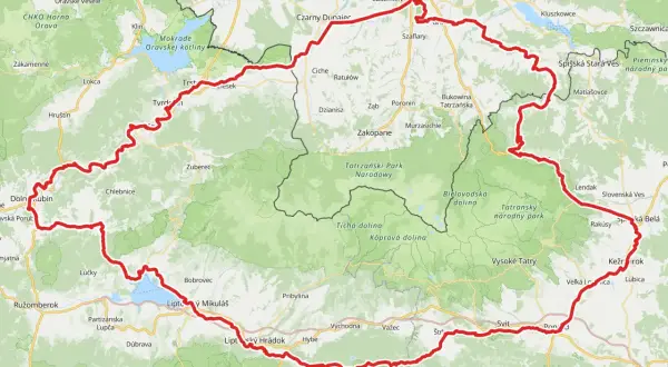 Trasa rowerowa wokół Tatr, widoczna na mapie jako czerwona linia, prowadzi przez malownicze tereny Polski i Słowacji. Szlak rowerowy wokół Tatr GPX.