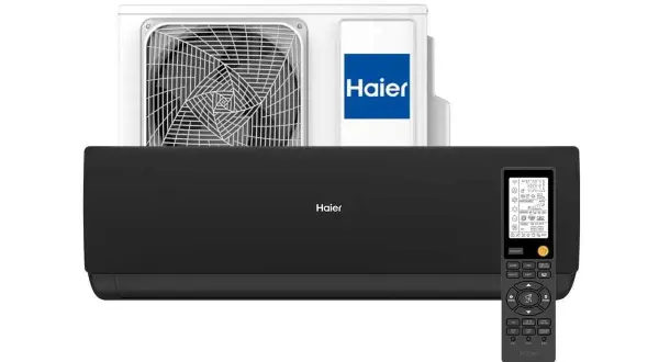 Klimatyzator Haier, znana firma, z jednostką zewnętrzną i wewnętrzną, pilotem.