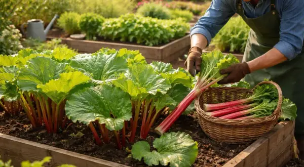 Gärtner erntet frische Rhabarberpflanzen im Hochbeet. Die roten Stiele und grünen Blätter sind bereit für die Küche.