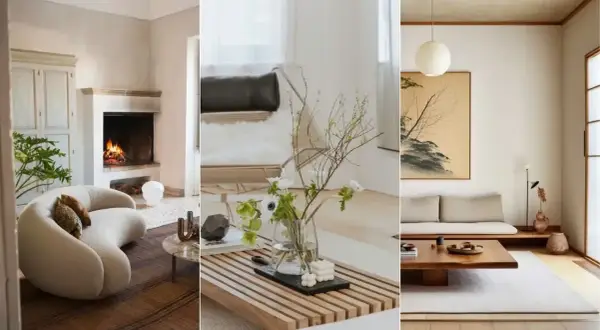 Tre olika rum som visar japansk inredningsstil: ett med öppen spis och mjuk soffa, ett med blommor i vas och en stol, samt ett med tatamimatta och lågt soffbord.