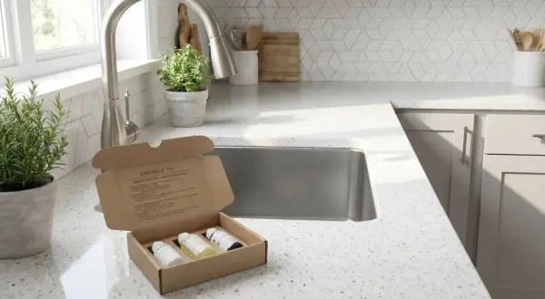Kit de test pour mesurer le pH de l'eau dure. Trois flacons sont dans une boîte ouverte sur un comptoir de cuisine.