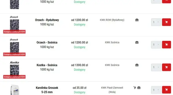 Ceny węgla: Orzech Jankowice 1000 kg od 1250 zł, Rydułtowy od 1200 zł, Sośnica od 1200 zł. Kostka Sośnica 1000 kg od 1300 zł. Worek 20 kg Karolinka Groszek od 35 zł.