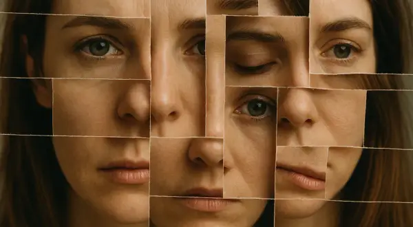 Frammenti di un volto femminile compongono un mosaico, simbolo della libertà di essere se stessi in ogni sfaccettatura.
