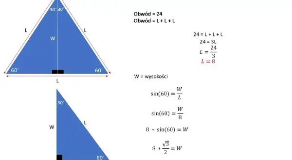 Obwód trójkąta równobocznego wzór: L=8, W=4√3. Pokazano obliczenia obwodu i wysokości.